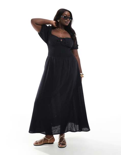 Esmée Curve – Exclusive – Maxi-Strandkleid in Schwarz mit Puffärmeln und Bindebändern vorn - view 1