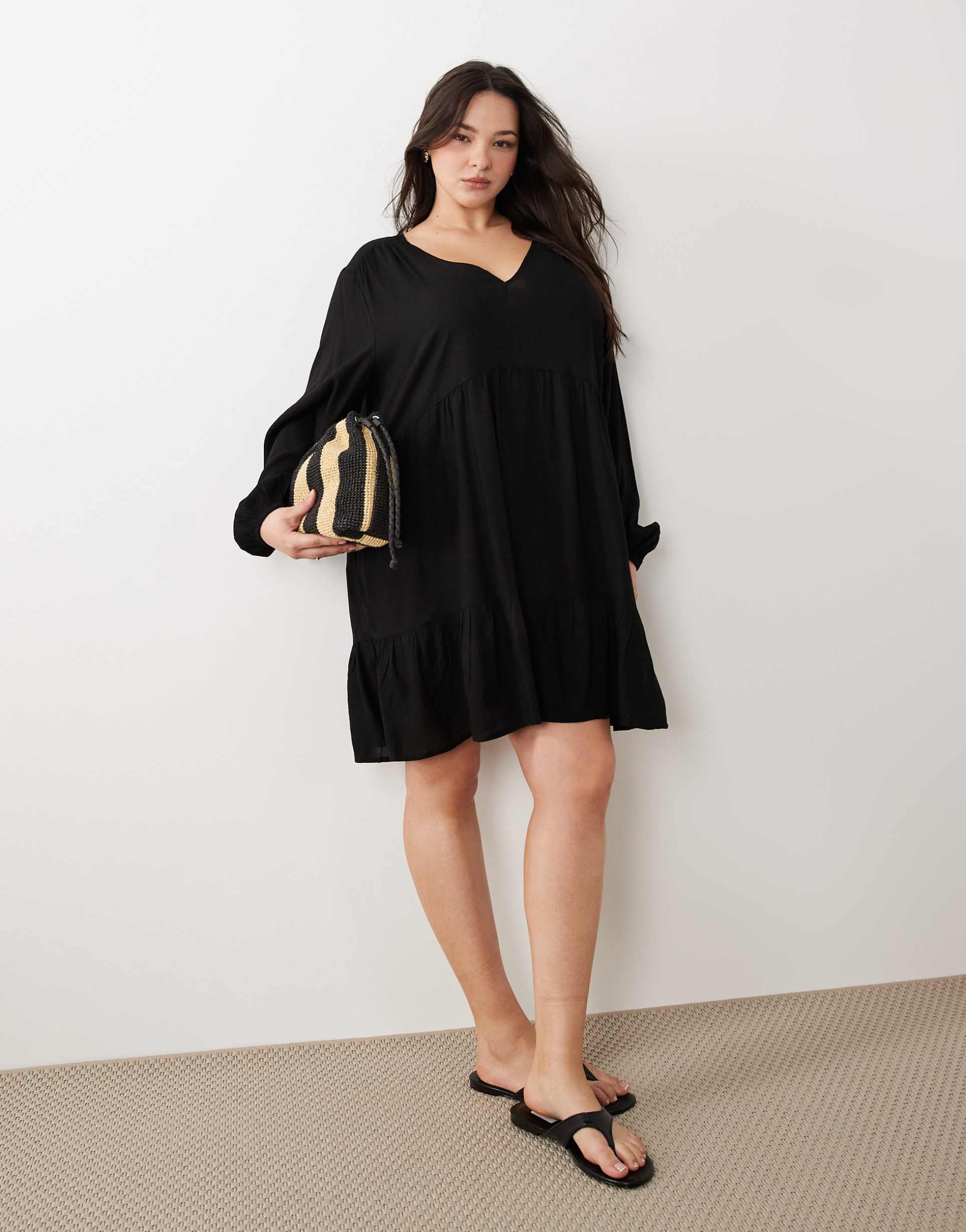 esmee curve exclusive mini tiered smock summer dress with long sleeve in black