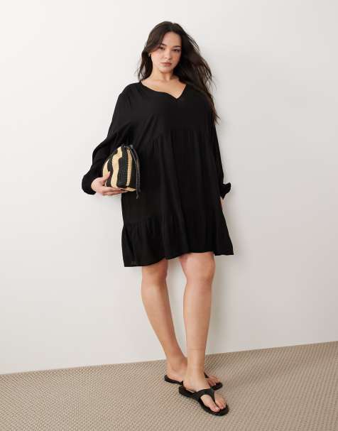 Esmee Curve Exclusive mini tiered smock summer dress with long sleeve in black 