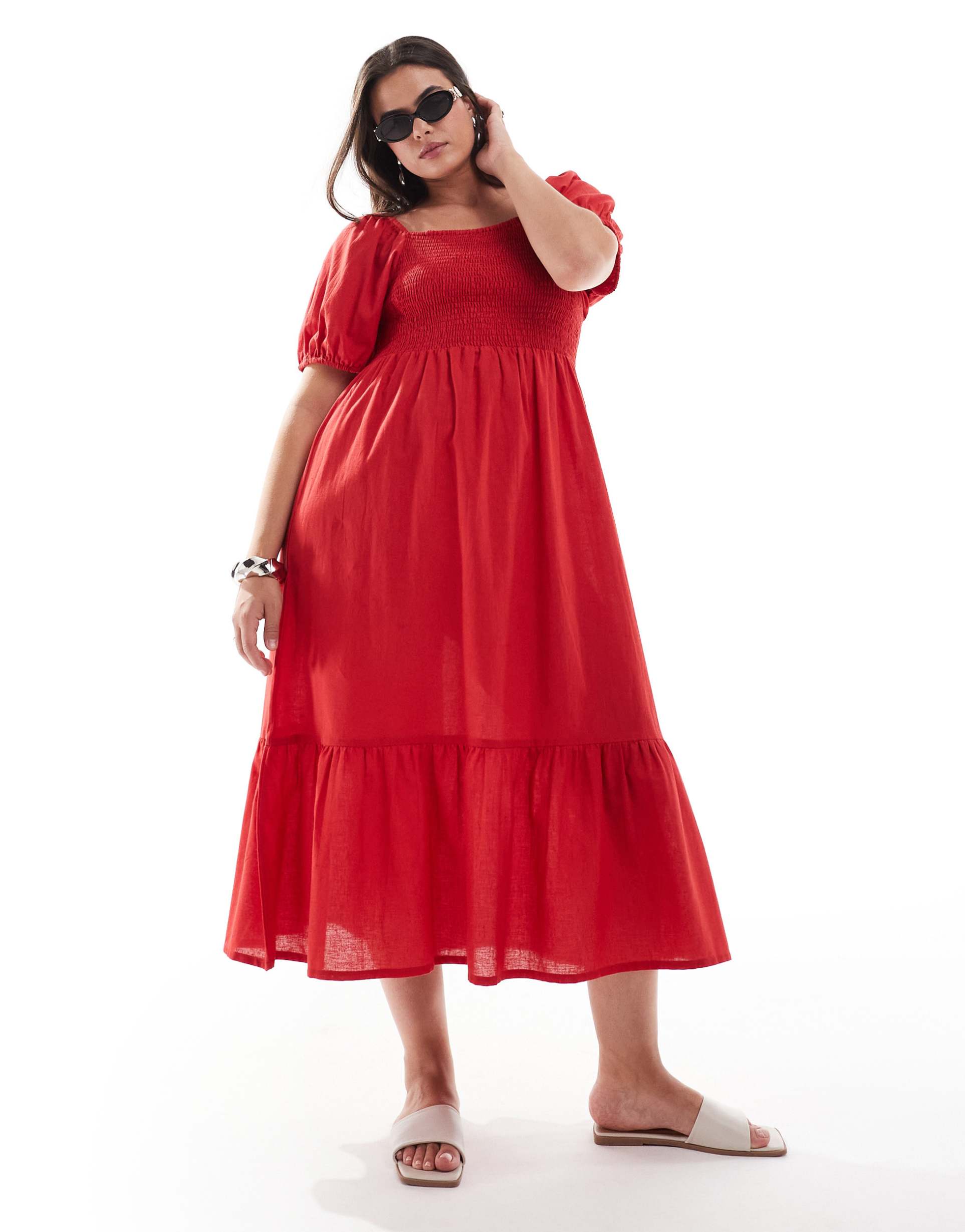 esmee curve exclusive puff sleeve maxi beach dress in red