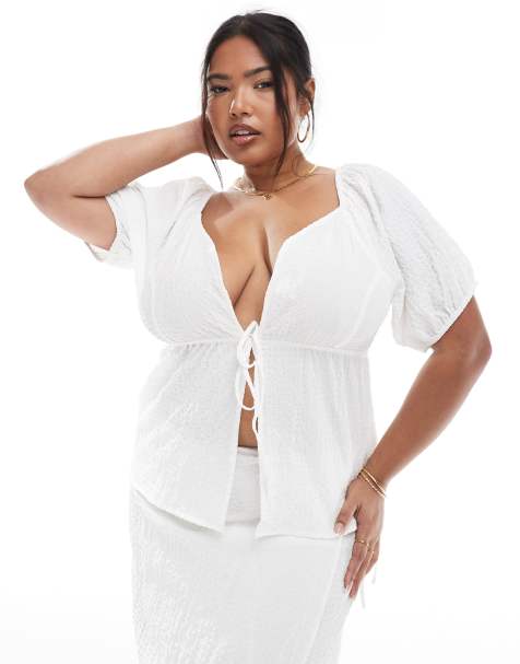 Esmee Curve Exclusive puff sleeve tie front beach top in white