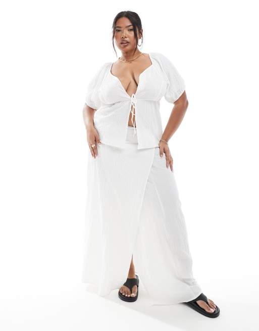 Esmée Curve Exclusive puff sleeve tie front beach top in white, 2 of 4