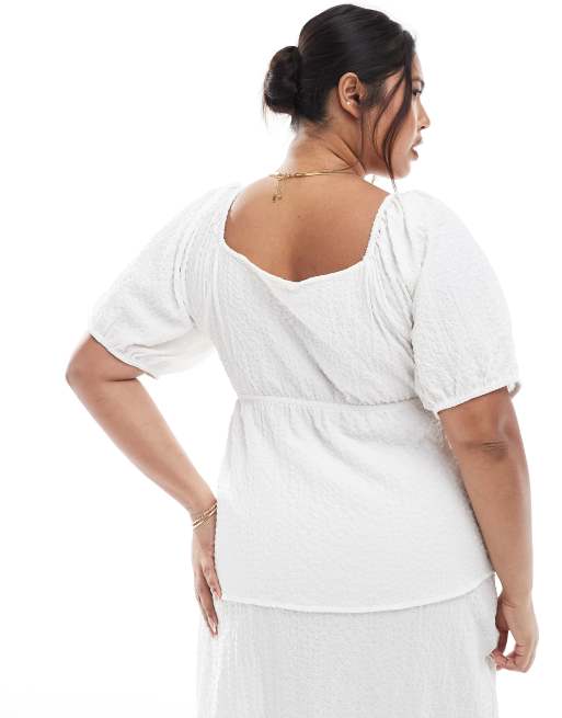 Esmée Curve Exclusive puff sleeve tie front beach top in white, 4 of 4
