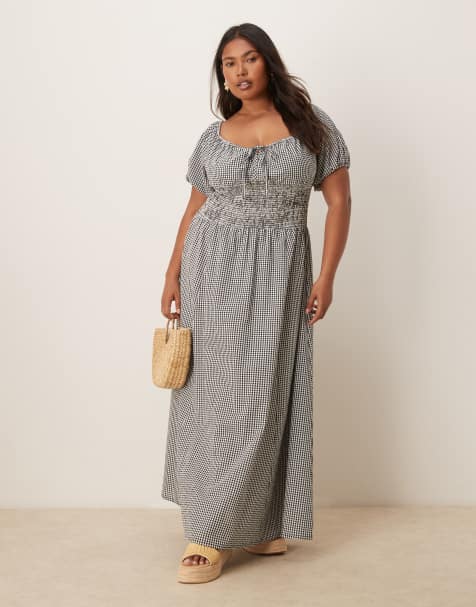 Esmee Curve Exclusive puff sleeve tie front maxi beach dress in black and white gingham - view 1