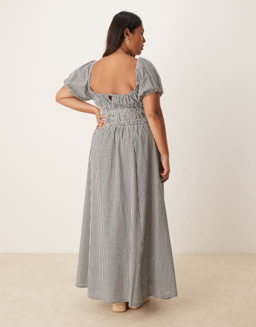 Esmée Curve Exclusive puff sleeve tie-front maxi beach dress in black and white gingham, 4 of 4