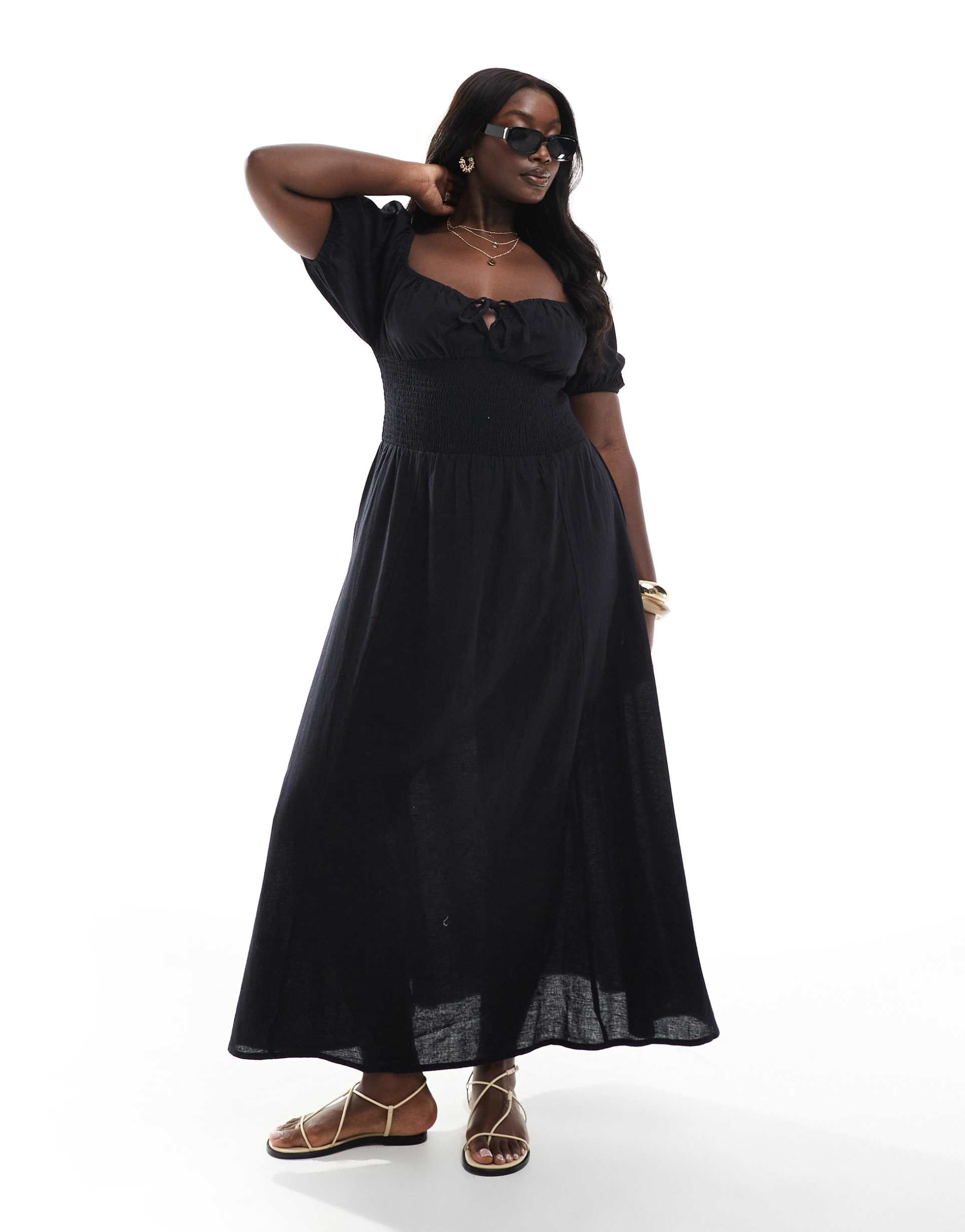 esmee curve exclusive puff sleeve tie front maxi beach dress in black