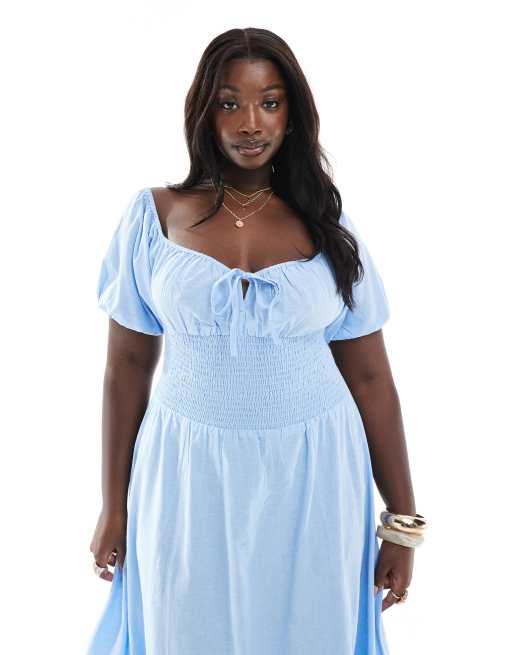 Esmee Curve Exclusive puff sleeve tie front maxi beach dress in blue, 2 of 4