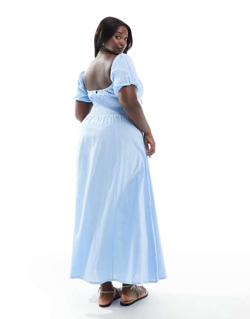 Esmee Curve Exclusive puff sleeve tie front maxi beach dress in blue, 3 of 4