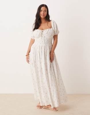 Exclusive puff sleeve tie front maxi beach dress in white delicate floral