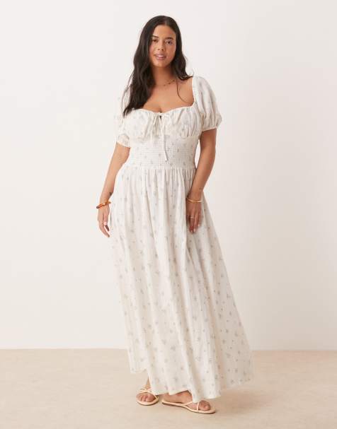 Esmée Curve Exclusive puff sleeve tie front maxi beach dress in white ditsy floral - view 1