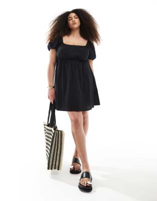 Esmee Curve Exclusive Puff Sleeve Tie Front Mini Beach Dress In Black