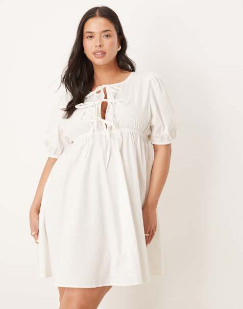 Esmee Curve Exclusive puff sleeve tie front mini beach dress in white - view 1