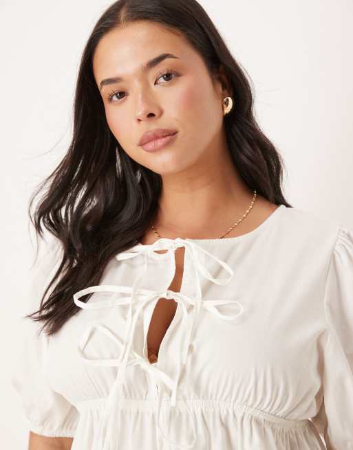 Esmee Curve Exclusive puff sleeve tie front mini beach dress in white, 3 of 4
