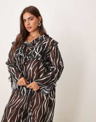 Exclusive sheer beach top with bow tie sleeves in zebra-Multi