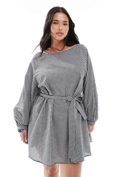 Esmee Curve Exclusive three quarter sleeve mini beach dress in black and white gingham - view 1