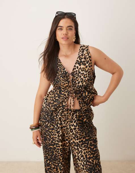 Esmee Curve Exclusive tie front detail beach crop top co-ord in leopard - view 1