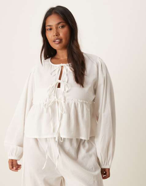 Esmee Curve Exclusive tie front long sleeve beach top co-ord in white - view 1
