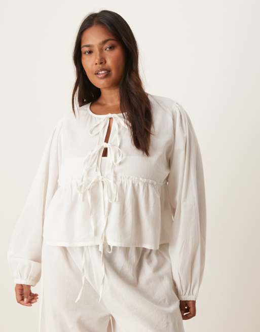 Esmee Curve Exclusive tie front long sleeve beach top co-ord in white