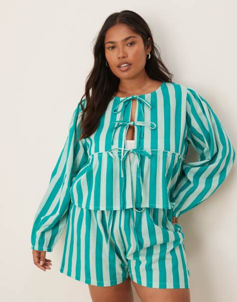 Esmee Curve Exclusive tie front long sleeve beach top in green stripes - part of a set - view 1