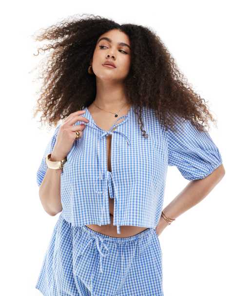 Esmee Curve Exclusive tie front puff sleeve beach top in blue and white gingham - view 1