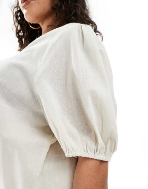 Esmee Curve Exclusive tie front puff sleeve beach top in oat, 3 of 4