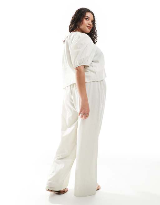 Esmee Curve Exclusive tie front puff sleeve beach top in oat, 4 of 4