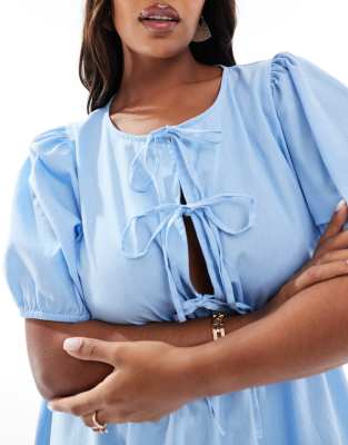 Esmee Curve Exclusive Tie Front Puff Sleeve Mini Beach Dress