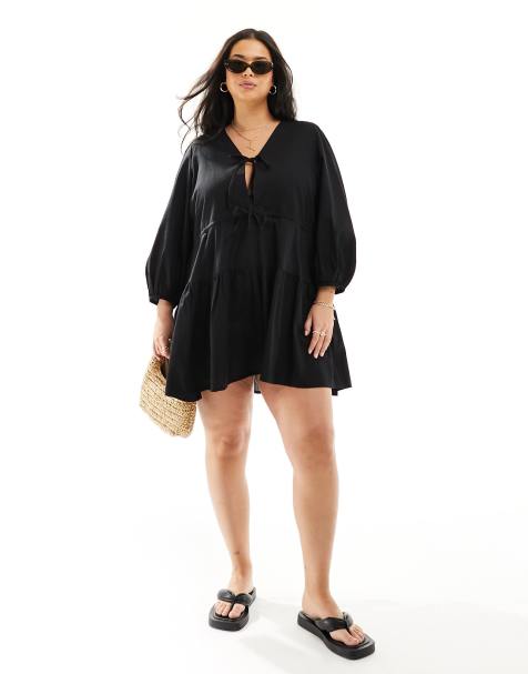 Esmee Curve Exclusive tie front tiered mini beach dress in black - view 1
