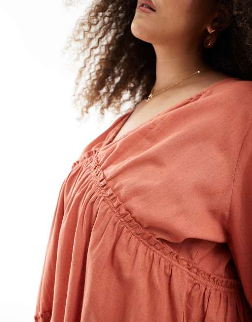 Esmee Curve Exclusive tiered long sleeve mini beach dress in rust