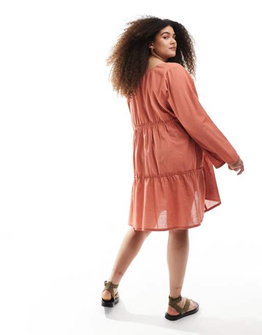 Esmee Curve Exclusive tiered long sleeve mini beach dress in rust