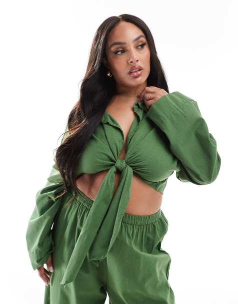 Esmee Curve Exclusiveloose tie front beach shirt co-ord in olive - view 1