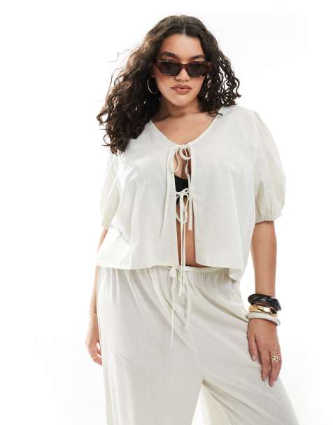 Esmée Curve - Exclusives - Strandtop met pofmouwen en gestrikte voorkant in lichtbeige - view 1
