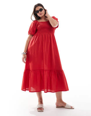 Esmée Curve Exklusiv - Maxi-Strandkleid in Rot mit Puffärmeln