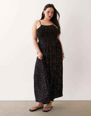 Esmée Curve - Gesmoktes Maxi-Strandkleid in Schwarz mit weißen Polka Dots Schwarz 54