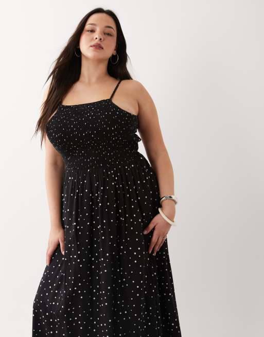 Esmée Curve – Gesmoktes Maxi-Strandkleid in Schwarz mit weißen Polka Dots, 2 von 4