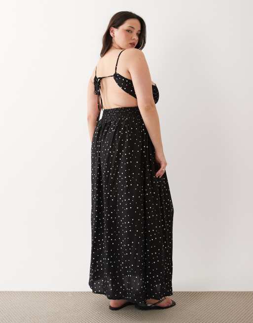 Esmée Curve – Gesmoktes Maxi-Strandkleid in Schwarz mit weißen Polka Dots, 4 von 4