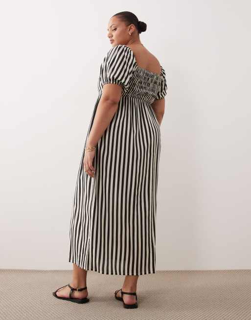 Esmée Curve – Gestreiftes Maxi-Strandkleid in Schwarz und Cremeweiß mit Puffärmeln, 2 von 4