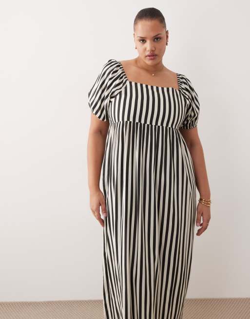 Esmée Curve – Gestreiftes Maxi-Strandkleid in Schwarz und Cremeweiß mit Puffärmeln, 4 von 4