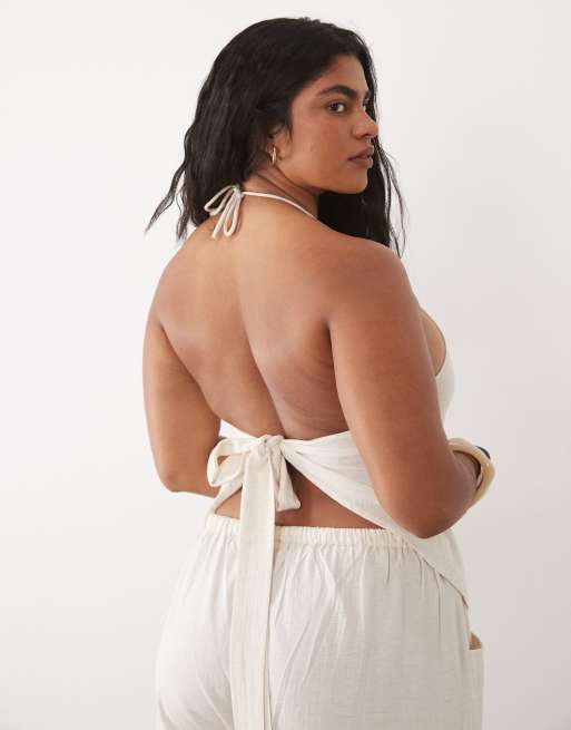 Esmee Curve halterneck beach top in natural beige, 4 of 4
