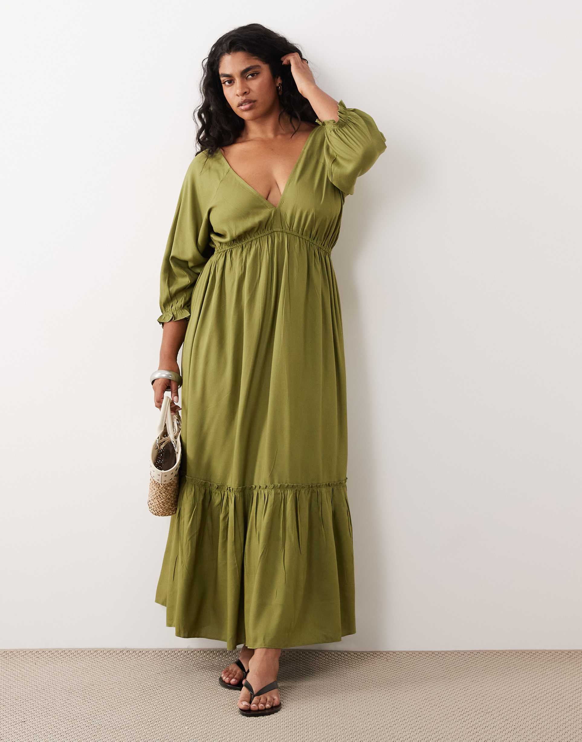 esmée curve long sleeve maxi beach dress in olive