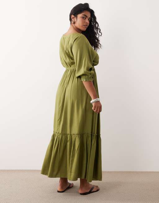 Esmee Curve - Maxi strandjurk met lange mouwen in olijfgroen, 4 van 4