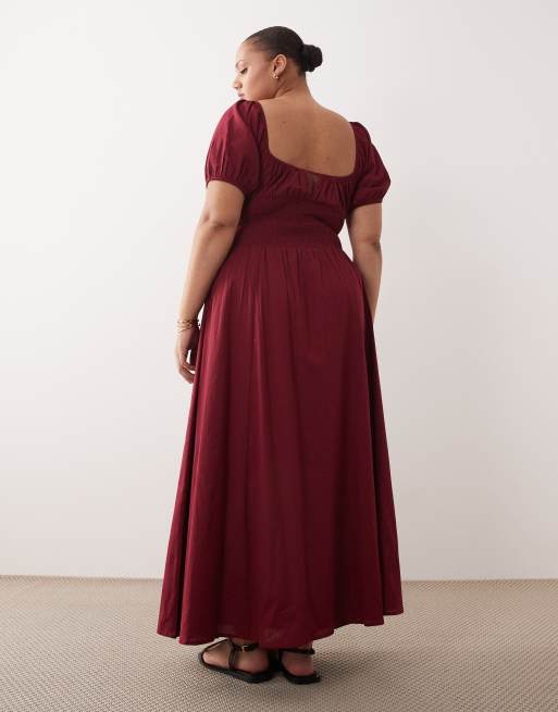 Esmee Curve – Maxi-Strandkleid in Kirschrot mit Puffärmeln und Schnürung vorne, 2 von 4