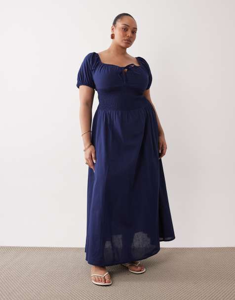 Esmée Curve – Maxi-Strandkleid in Marineblau mit Puffärmeln und Bindebändern vorn - view 1