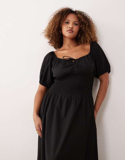 Esmée Curve – Maxi-Strandkleid in Schwarz mit Puffärmeln und Bindebändern vorn, 2 von 4
