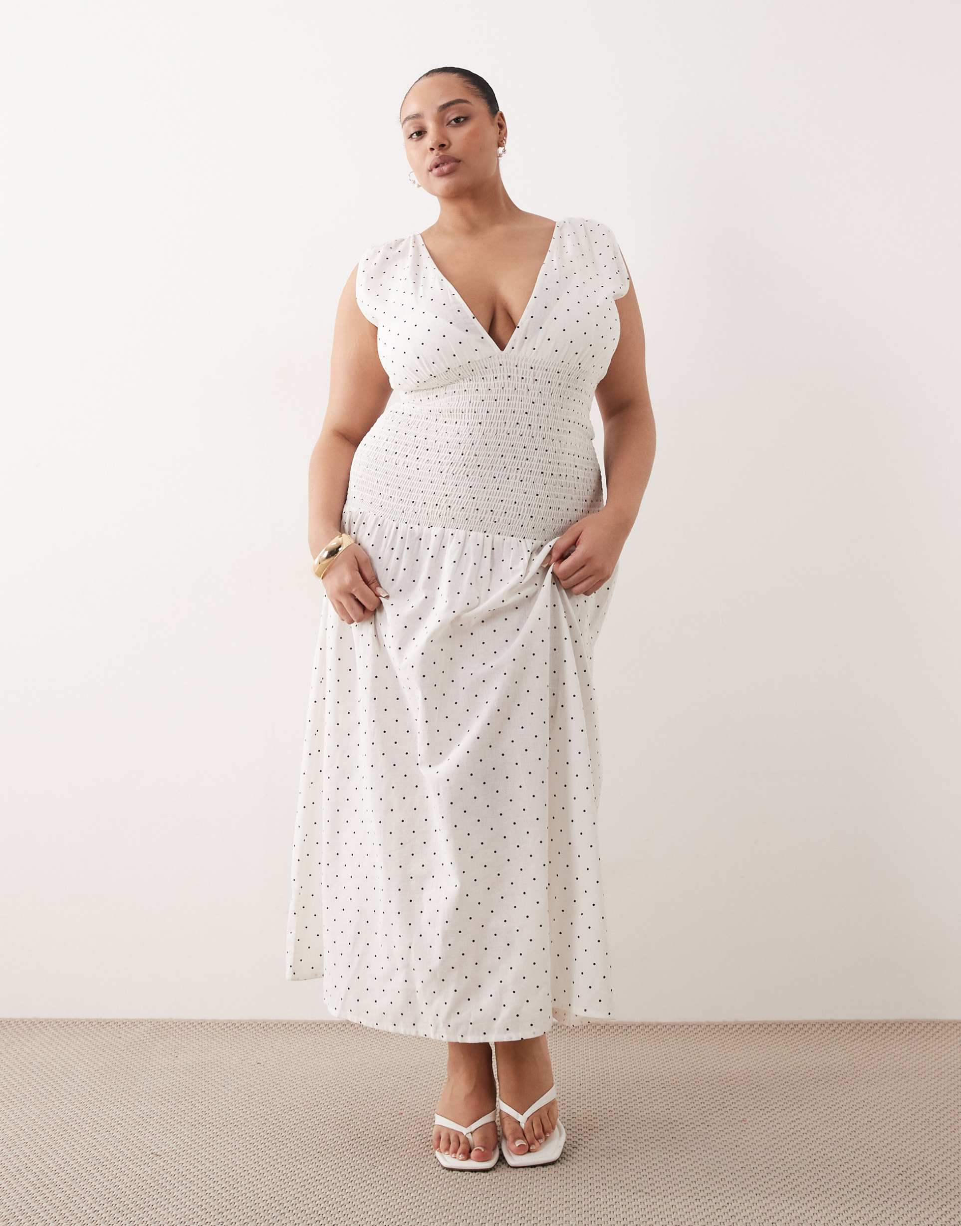 esmée curve mid waist shirred maxi beach dress in white & black polka dot