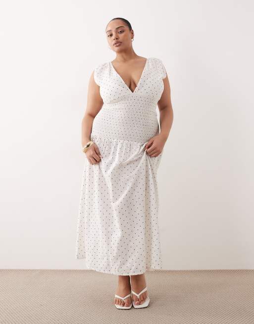 Esme Curve mid waist shirred maxi beach dress in white & black polka dot |  ASOS