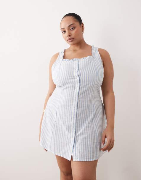 Esmee Curve mini beach dress with ruffle trim in blue & white stripe - view 1