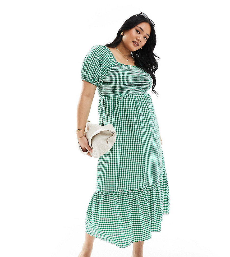 Esmee Curve off shoulder puff sleeve gingham ruched bust maxi beach dress in dark green