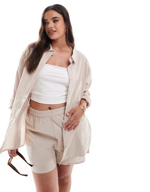 Esmee Curve - Oversized strandskjorte med lange ærmer og tekstur i havrefarve - Kun hos ASOS