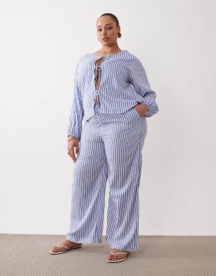Esmée Curve - Pantalon de plage d'ensemble à rayures et cordon de serrage - Bleu/blanc 50